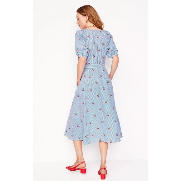 Boden Bria Embroidered Seersucker Cherry Embroidered Midi Dress V-Neck Pockets - Picture 3 of 11